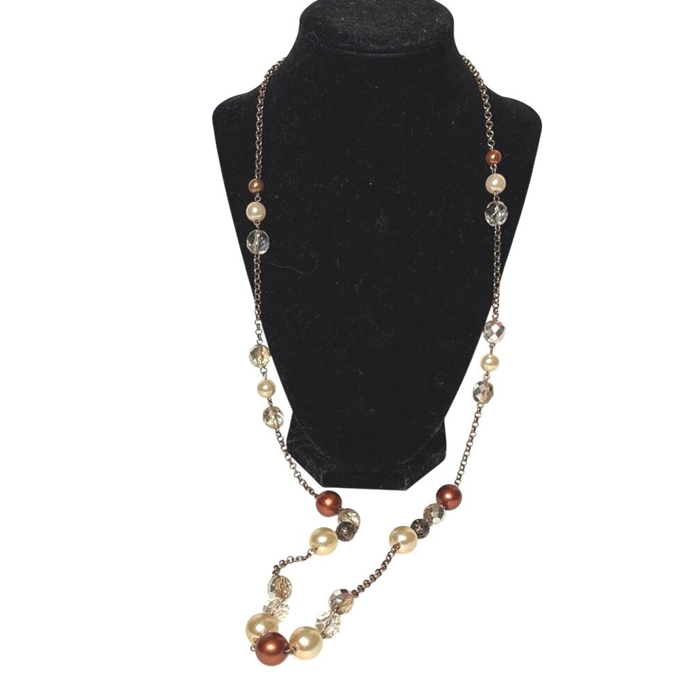 Long Beaded Necklace 36” Neutral Acrylic Pearls Crystal Silver Chain Layering